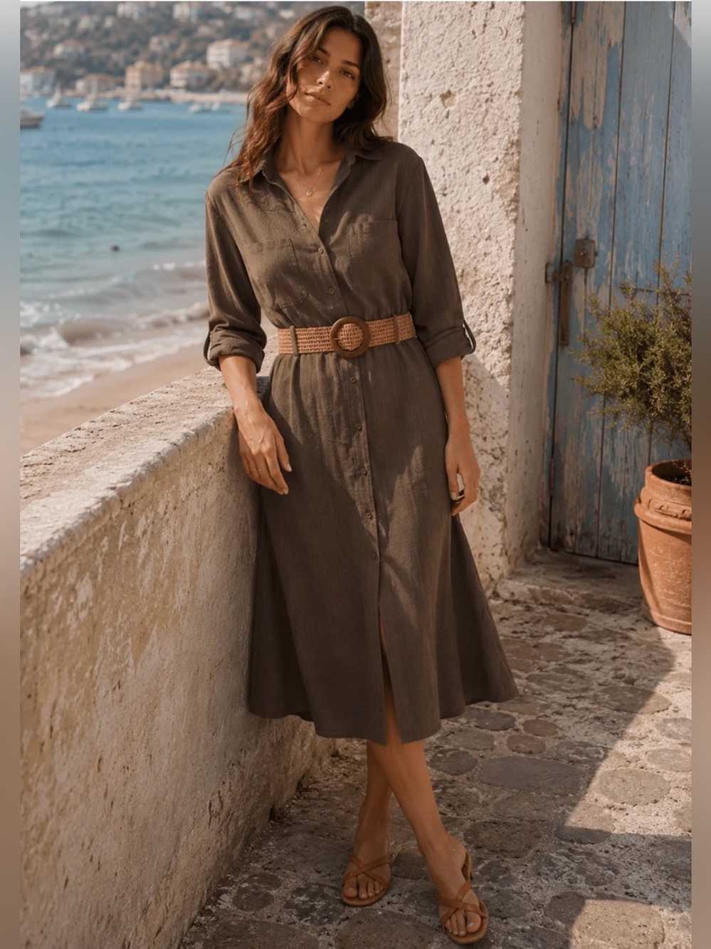 Classic Button-Front Linen Blend Dress